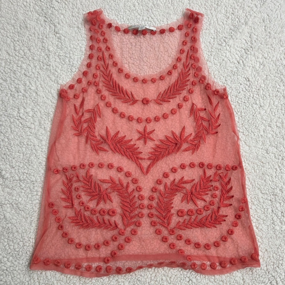LC Lauren Conrad Coral Embroidered Tank Top Sheer Boho Women‎ S Beachy